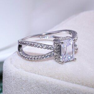 💎 Trendy Double Layer Cross Rectangle Radiant Cut Silver Ring for Women,VIP495
